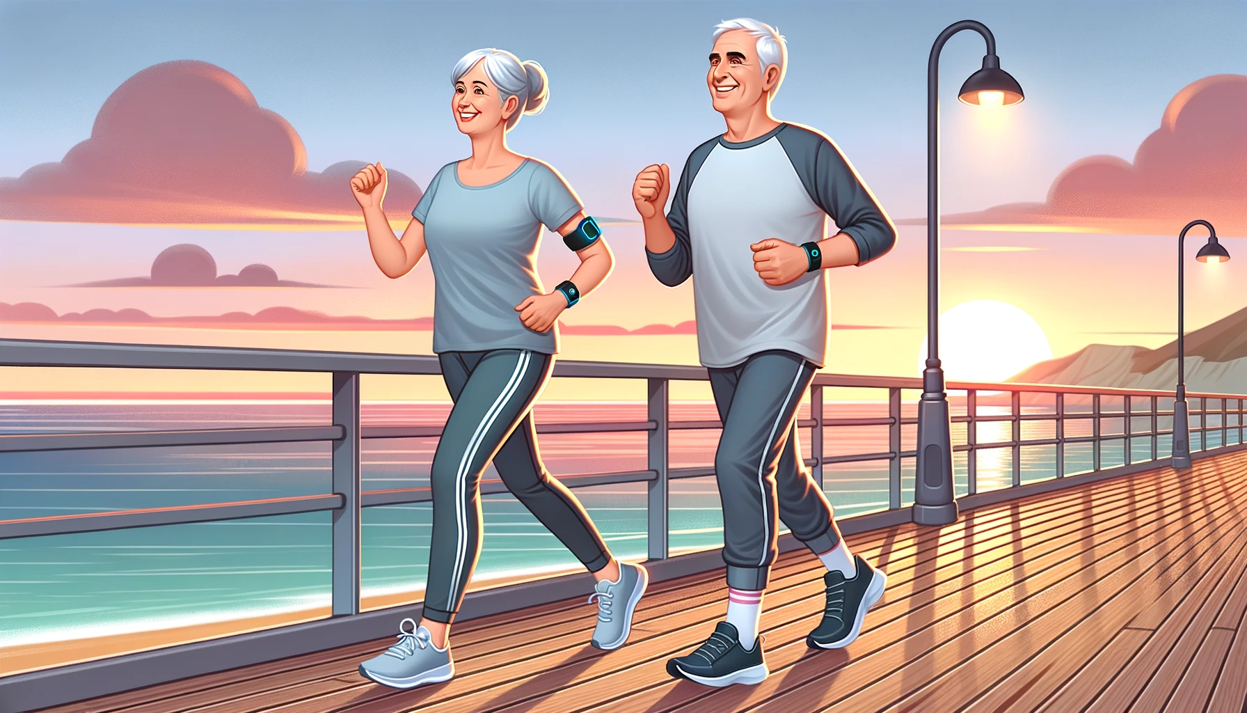 An illustration of an elderly couple joyfully walking on a beach boardwalk at sunset, indicating an active lifestyle.