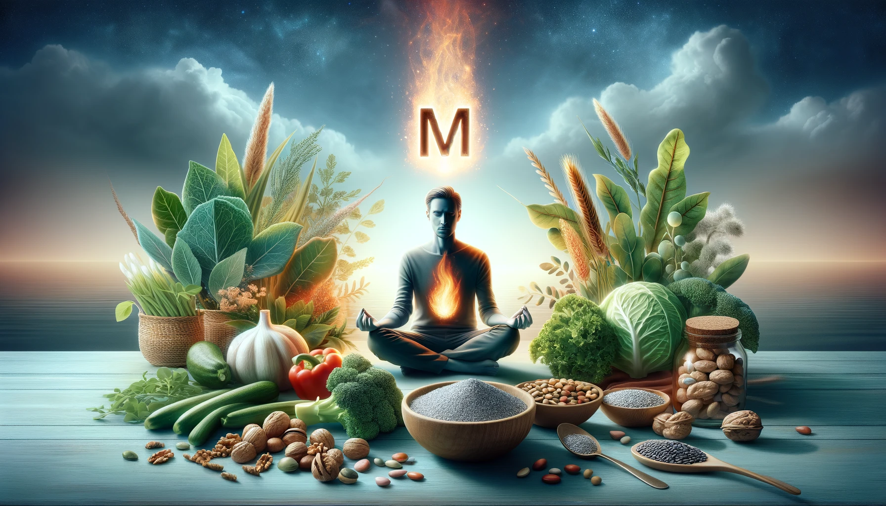 An individual relaxing with a variety of magnesium-rich foods around them, including leafy greens, nuts, and grains, with a conceptual element of magnesium soothing inflammation.