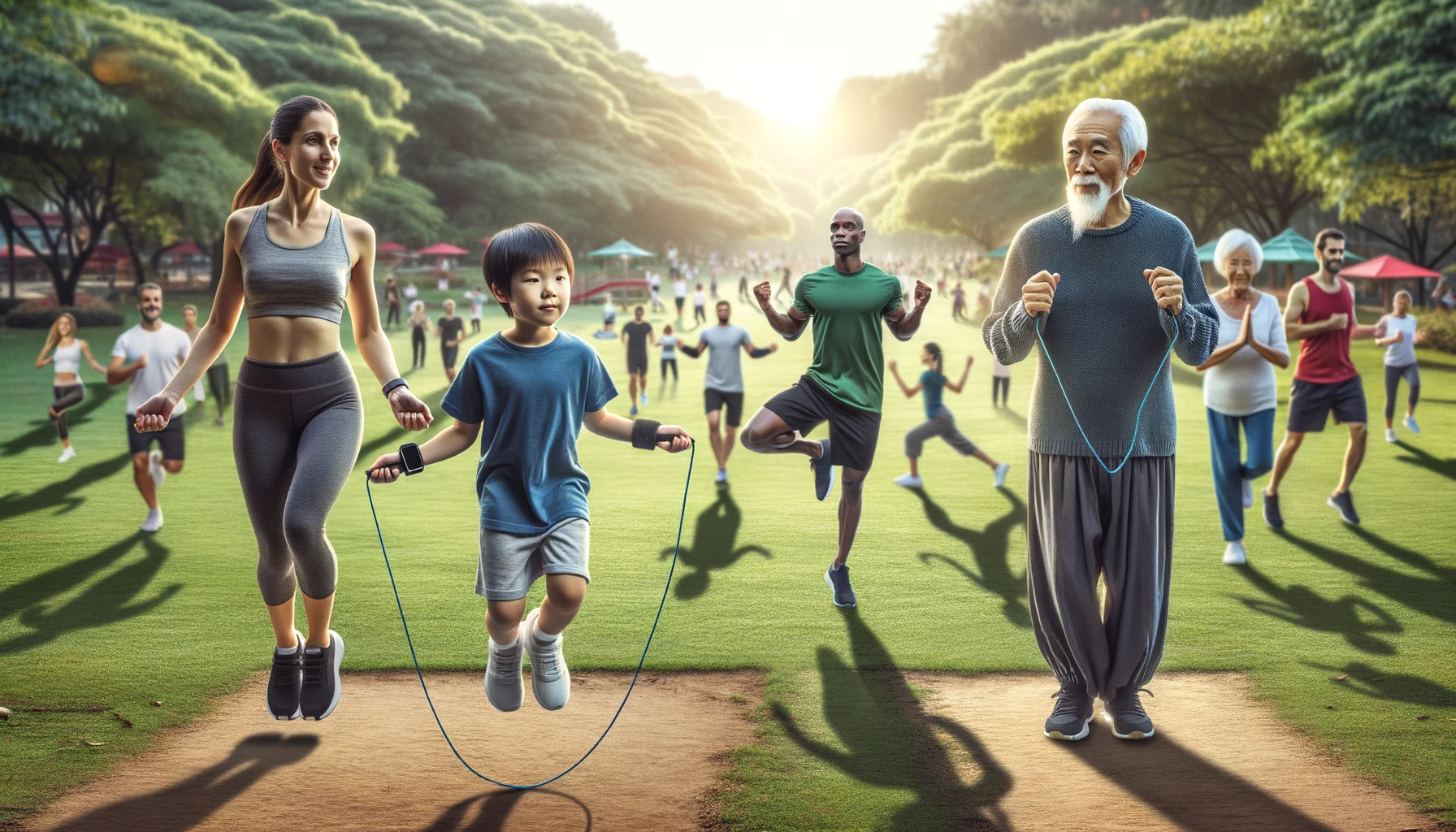 A diverse group of individuals engaging in physical activity in a park setting, with a child of Asian descent jumping rope, a young adult Caucasian woman jogging, and an older adult Black man practicing Tai Chi.