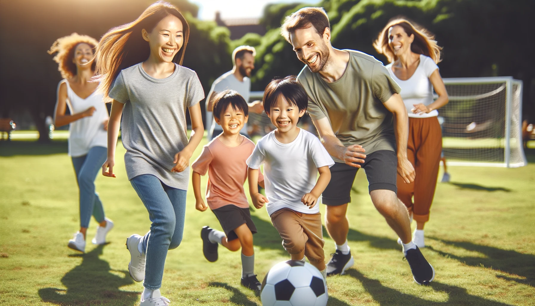 A diverse family playing soccer in a sunlit park, with an Asian mother, Caucasian father, and children with light brown and black hair, epitomizing family physical activity.