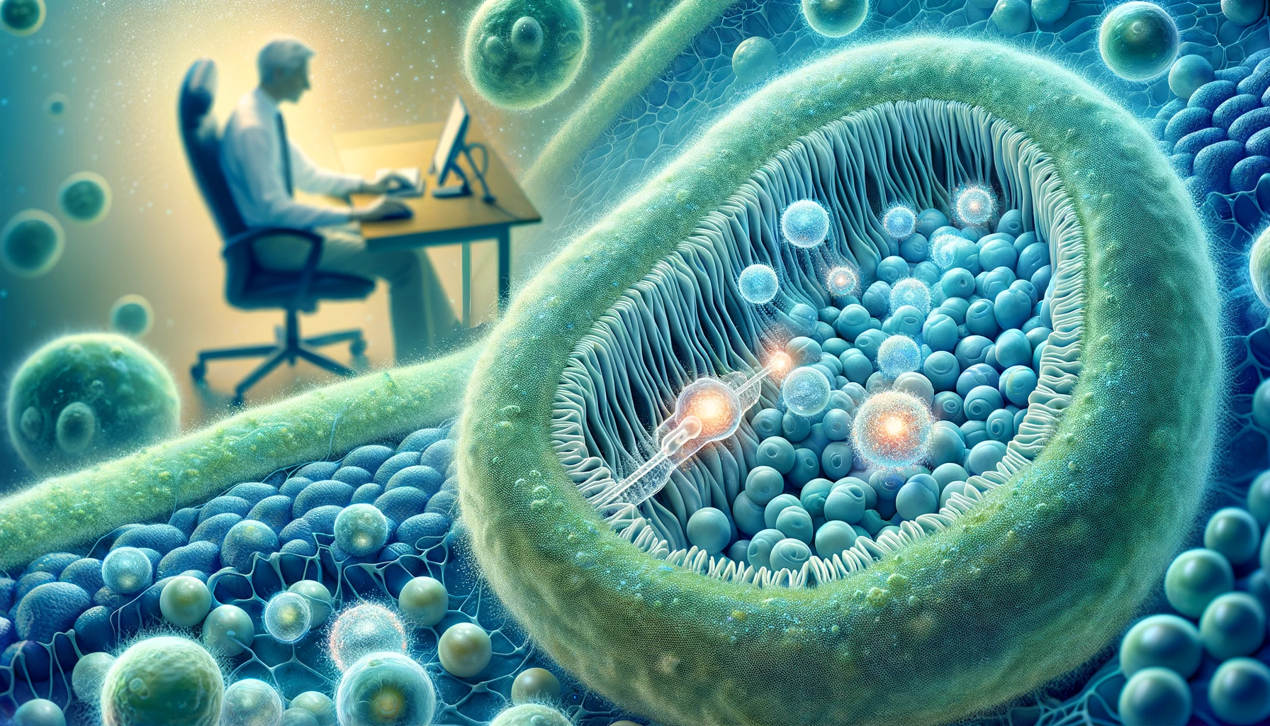 Digital illustration showing magnesium ions as glowing orbs assisting ion transport in a cell membrane, with a faint overlay of a sedentary individual in the background, embodying the connection between micronutrient function and lifestyle.