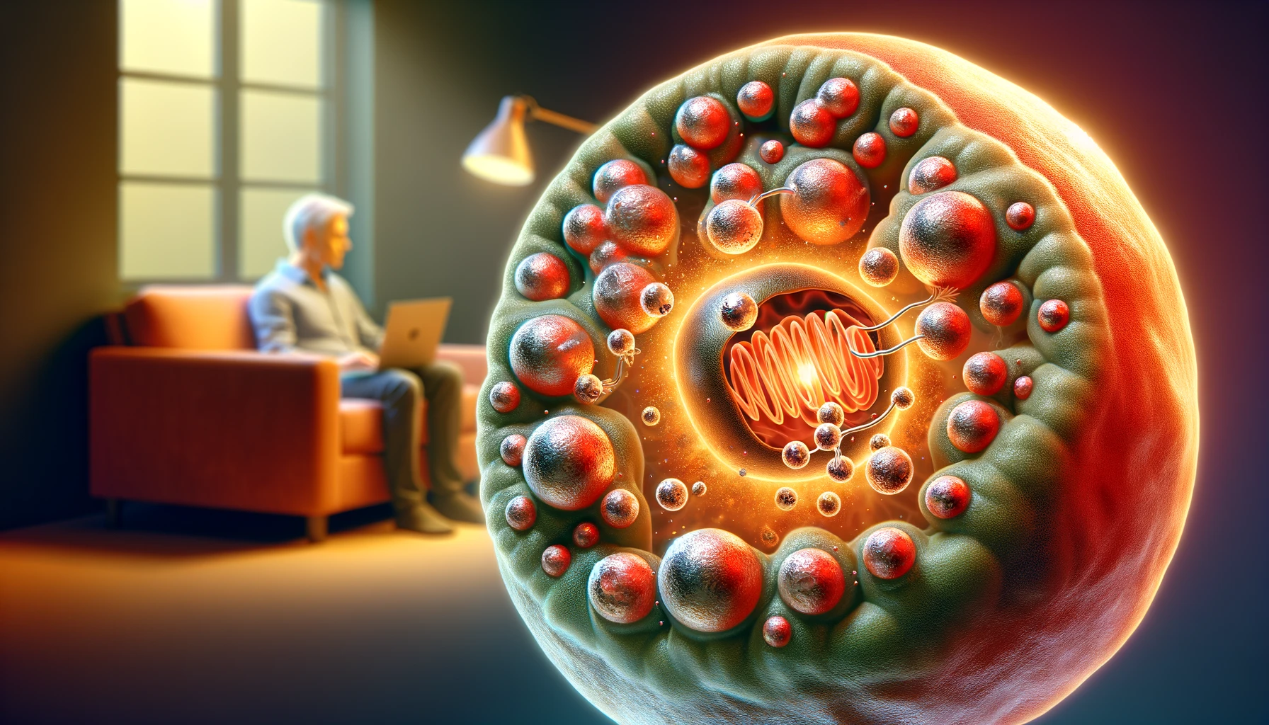 Illustrative depiction of a human cell with mitochondria and ATP molecules, magnesium atoms highlighted, against the backdrop of a sedentary lifestyle with a person on a couch.
