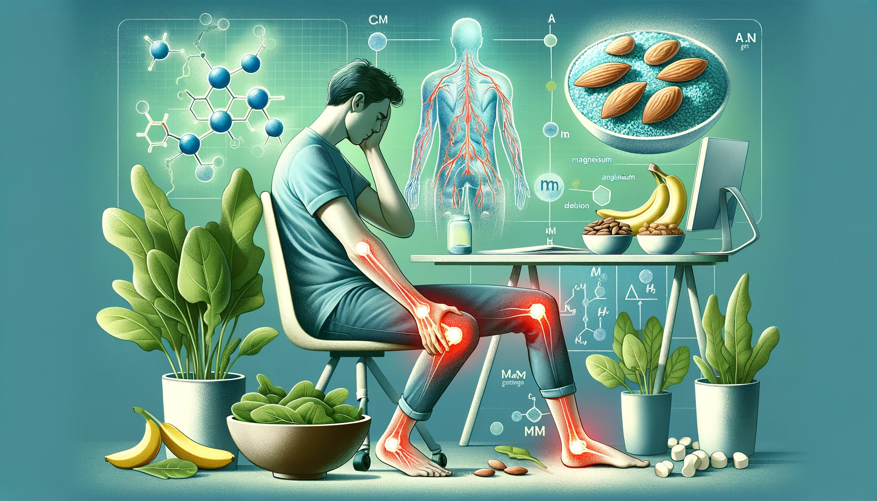 Infographic illustrating the benefits of magnesium and symptoms of deficiency in a sedentary lifestyle with a person experiencing leg cramps at a desk, surrounded by magnesium-rich foods, and molecular structures of magnesium, calcium, and potassium.