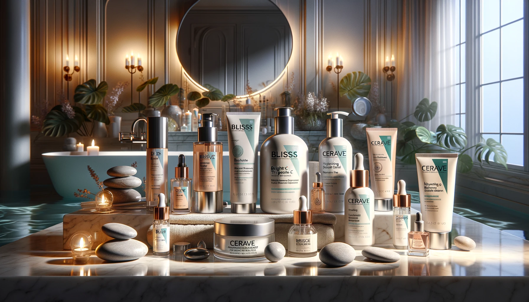 An elegant array of drugstore skincare products, including Bliss Vitamin C Serum, Cerave Hyaluronic Acid Serum, Cerave Eye Cream, Lansinoh cream, La Roche-Posay Sunscreen, and Palmer's Coconut Oil Lotion, arranged in a serene setting with natural elements.