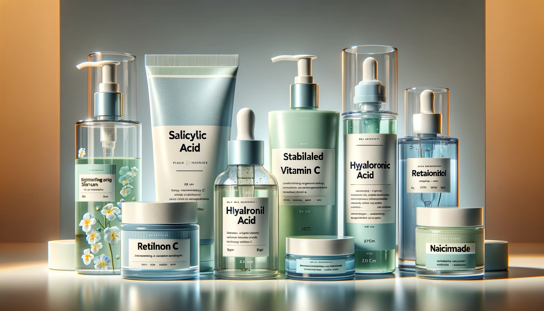 Collage of five key skincare products: exfoliating cleanser with salicylic acid, brightening serum with stabilized vitamin C, hydrating moisturizer with hyaluronic acid, anti-aging cream with retinol, and balancing toner with niacinamide, arranged against a spa-like background in soft blues and greens.