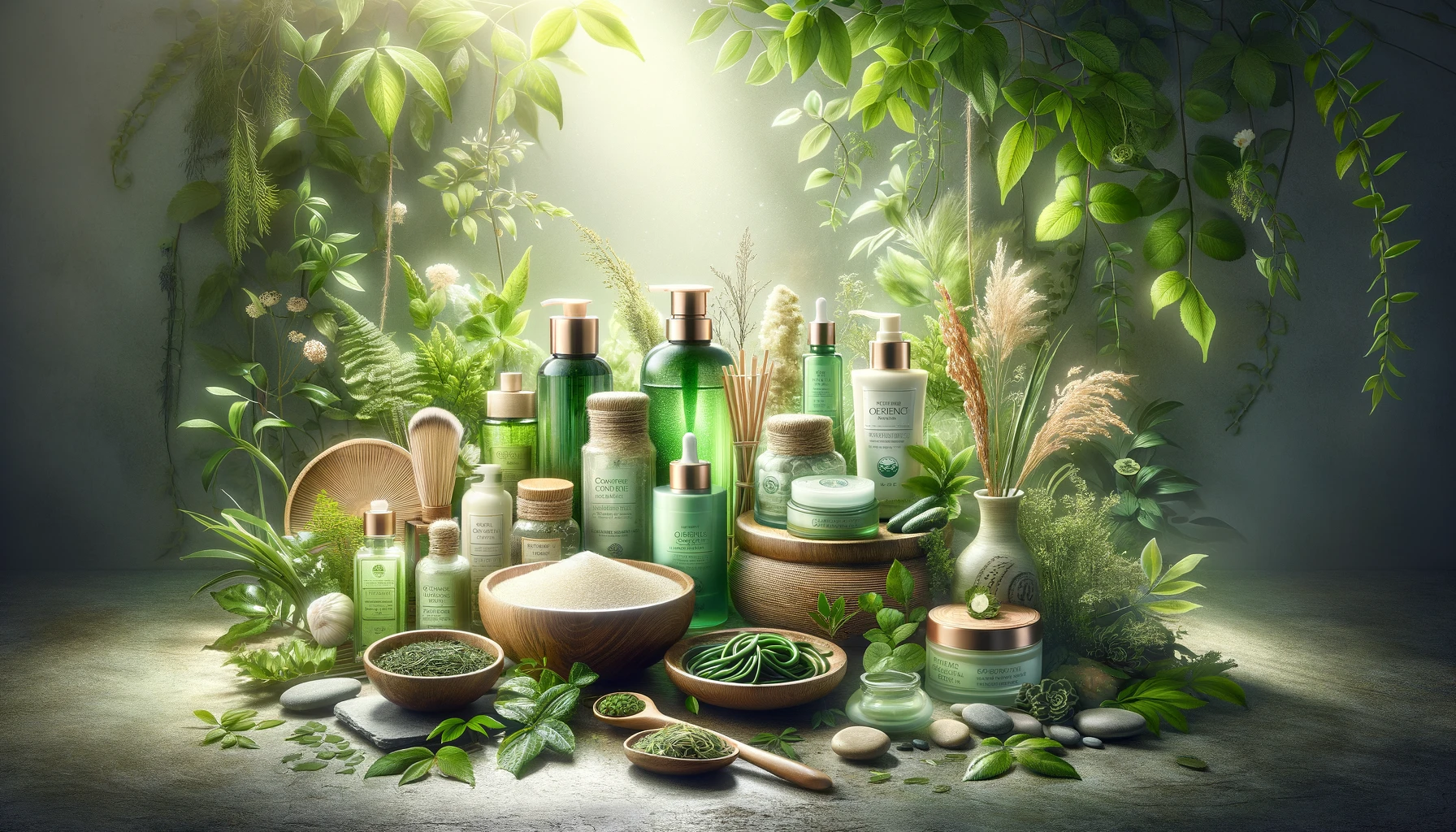 Organic Korean skincare products with natural ingredients green tea, ginseng, and rice bran, arranged amidst lush greenery under soft natural lighting, symbolizing eco-friendly beauty solutions.