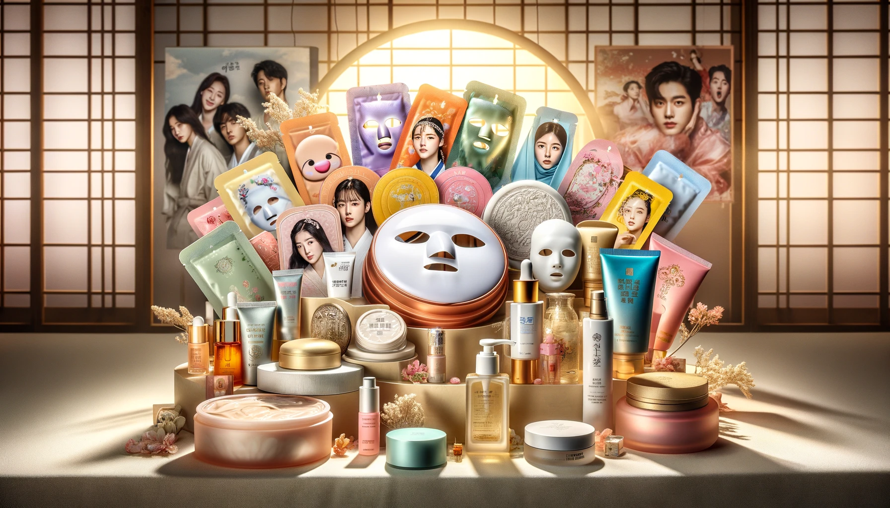 A vibrant display of Korean skincare products, including sheet masks, BB creams, essences, and cushion compacts, with subtle background imagery of South Korean celebrities and K-pop idols, highlighting the influence of the Hallyu Wave on global beauty trends.