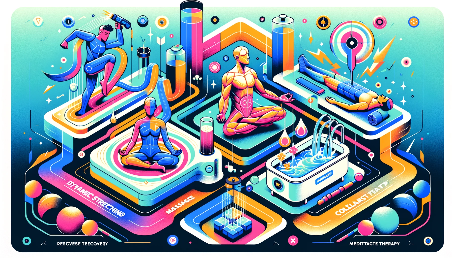 Illustrative depiction of various exercise recovery techniques, including dynamic stretching, massage, meditation therapy, and more in a futuristic setting.