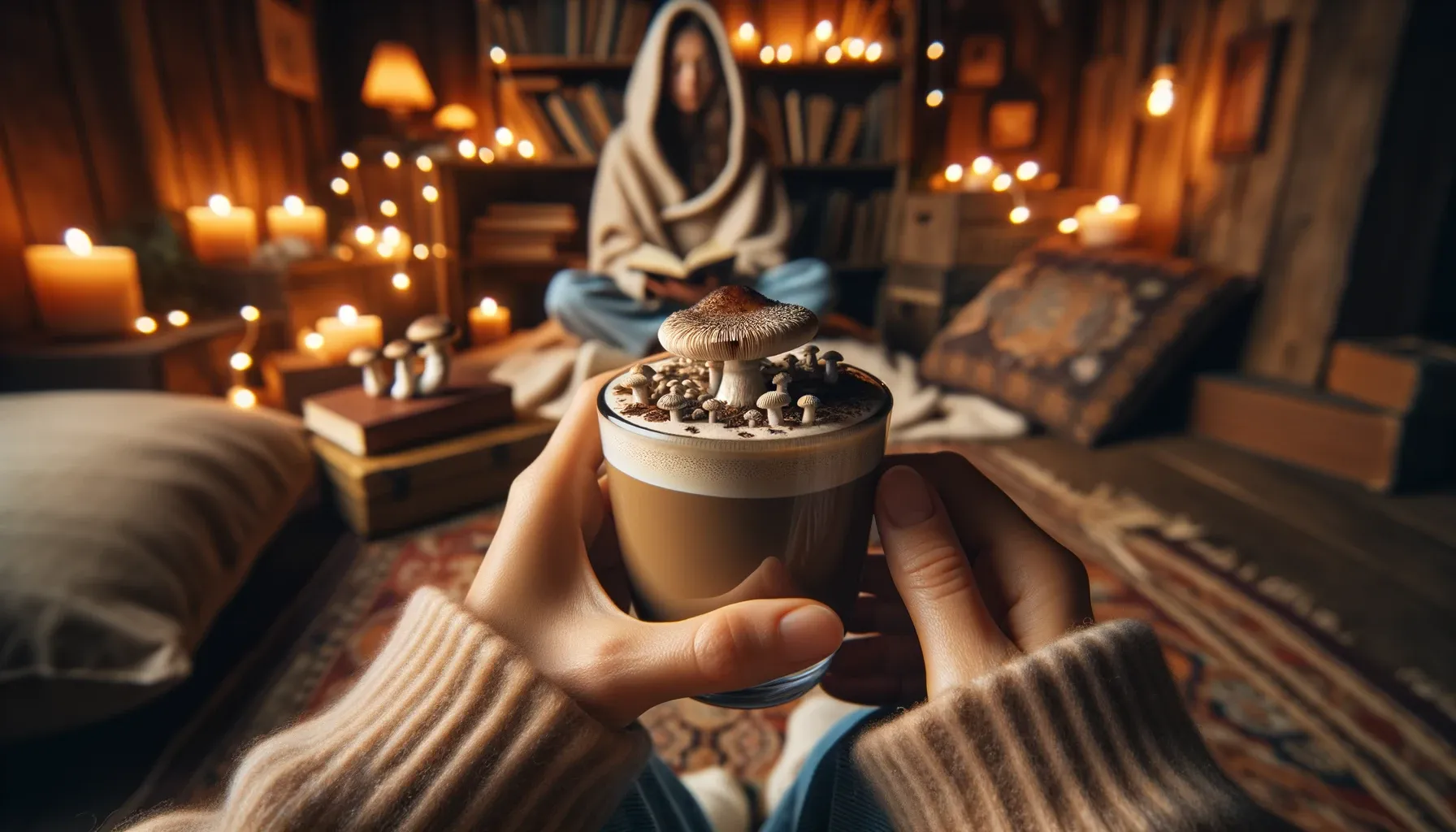 Person in a cozy setting holding a cup of mushroom coffee, with a close-up of the brew.
