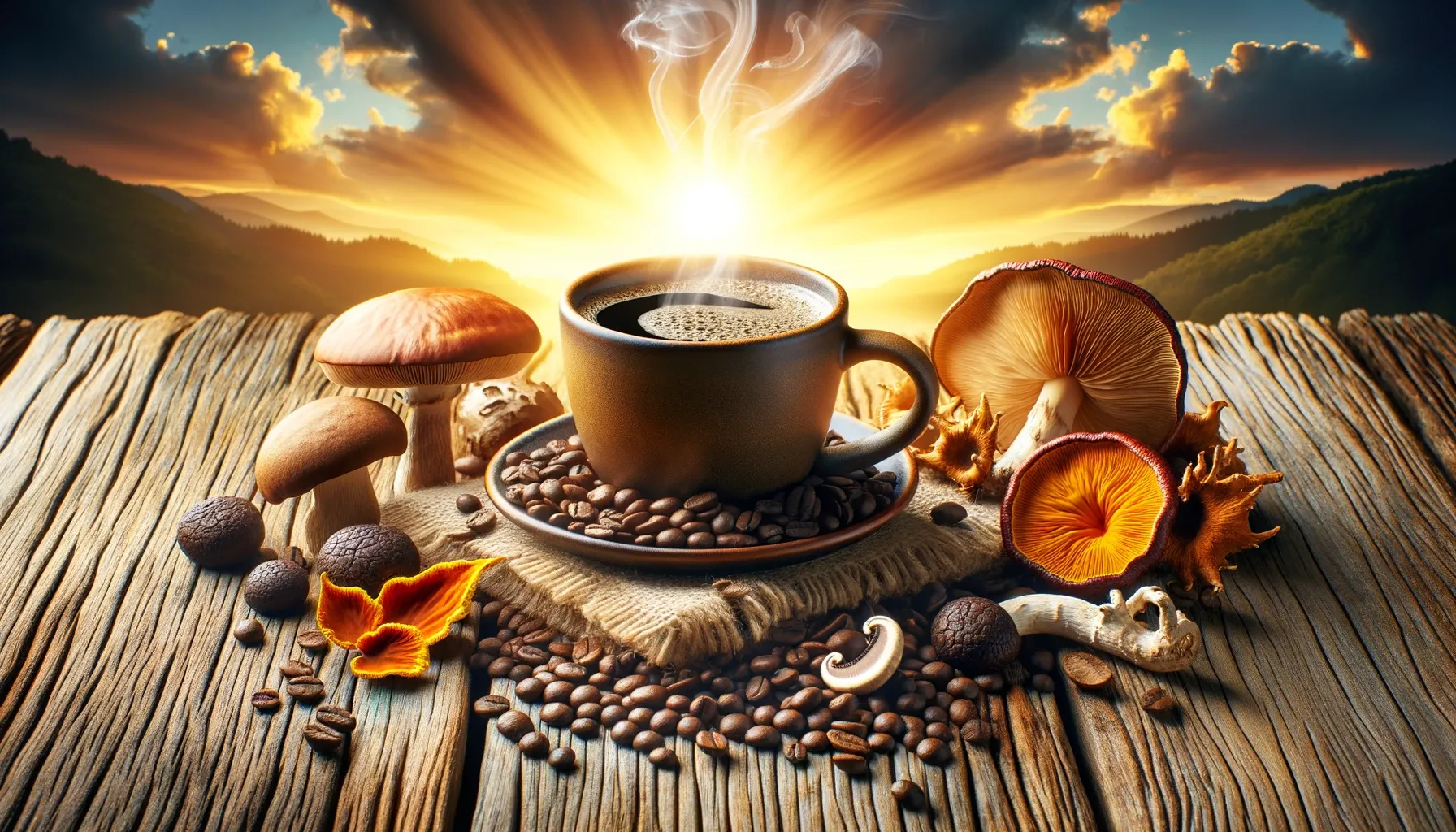 Steaming mug of mushroom coffee on a rustic table with medicinal mushrooms and coffee beans during sunrise.
