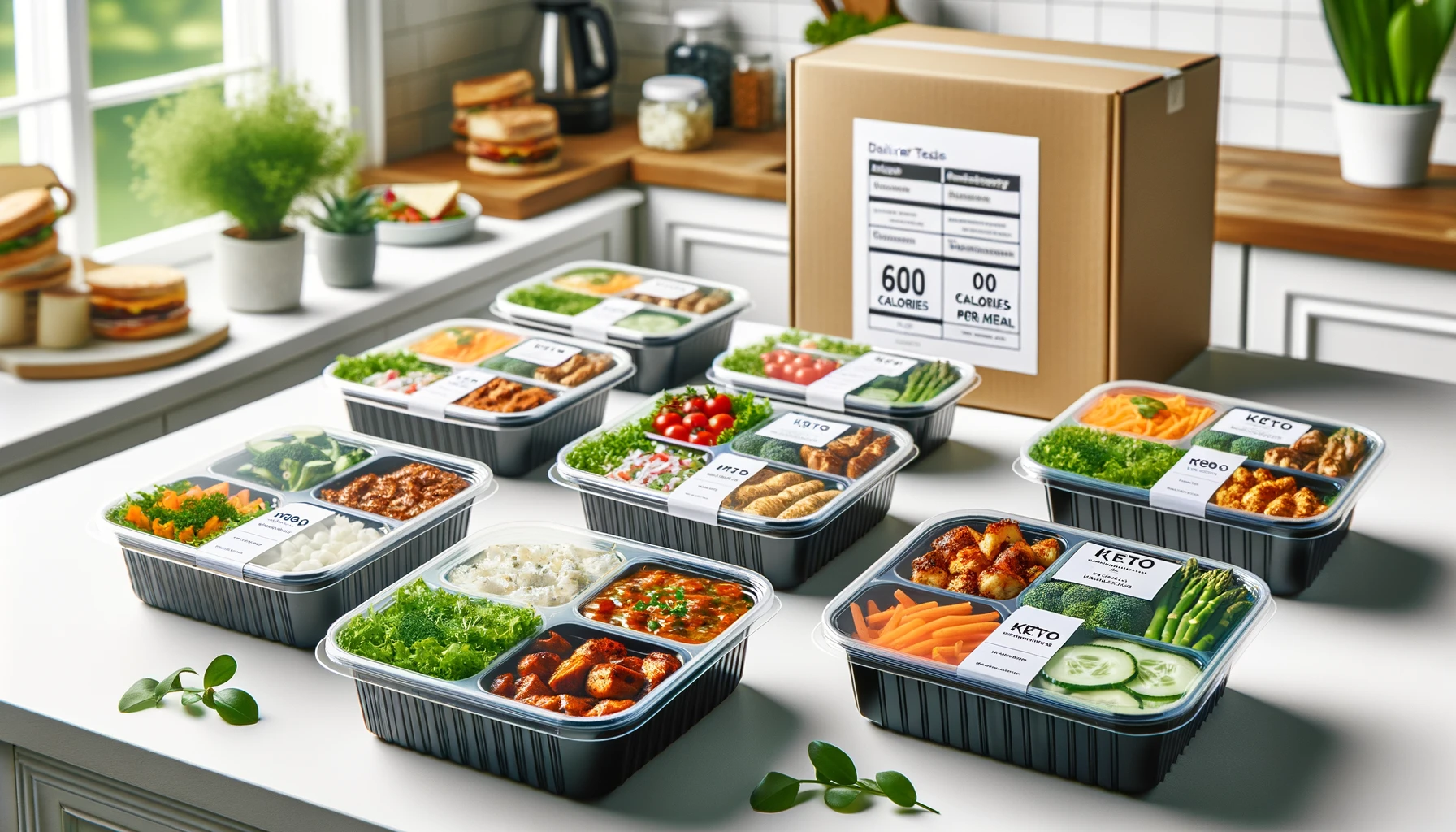 Variety of ready-made meals on a kitchen counter with clear dietary labels and a plain delivery box.