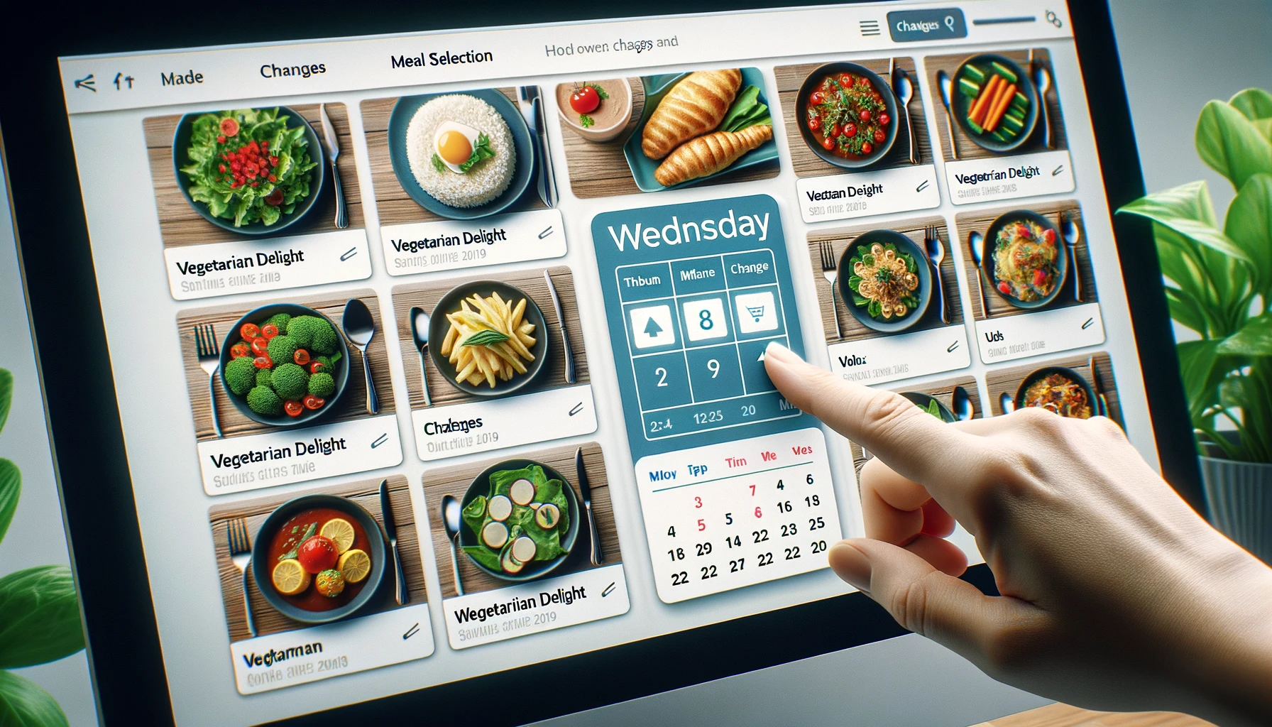 Computer screen displaying a meal selection interface with dishes and a calendar widget.