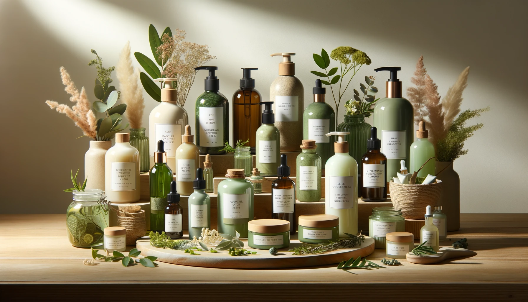 Top 10 natural and organic beauty products of 2023 elegantly displayed on a wooden surface, with eco-friendly packaging and natural ingredients accentuated by soft, ambient lighting.
