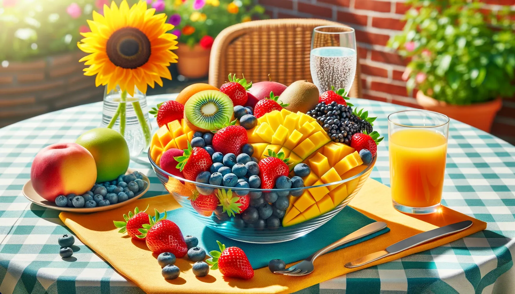 Vibrant fruit bowl on a sunlit outdoor patio table.