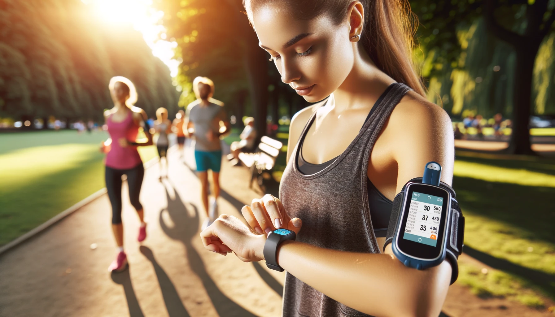 Athlete in a park with CGM and fitness tracker; Illustration of CGM and health symbols.