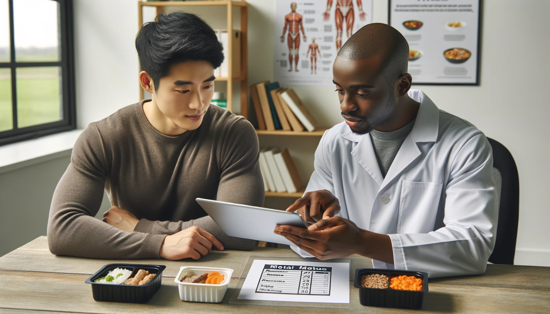 Asian individual discussing a meal menu with an African nutritionist in a professional setting.