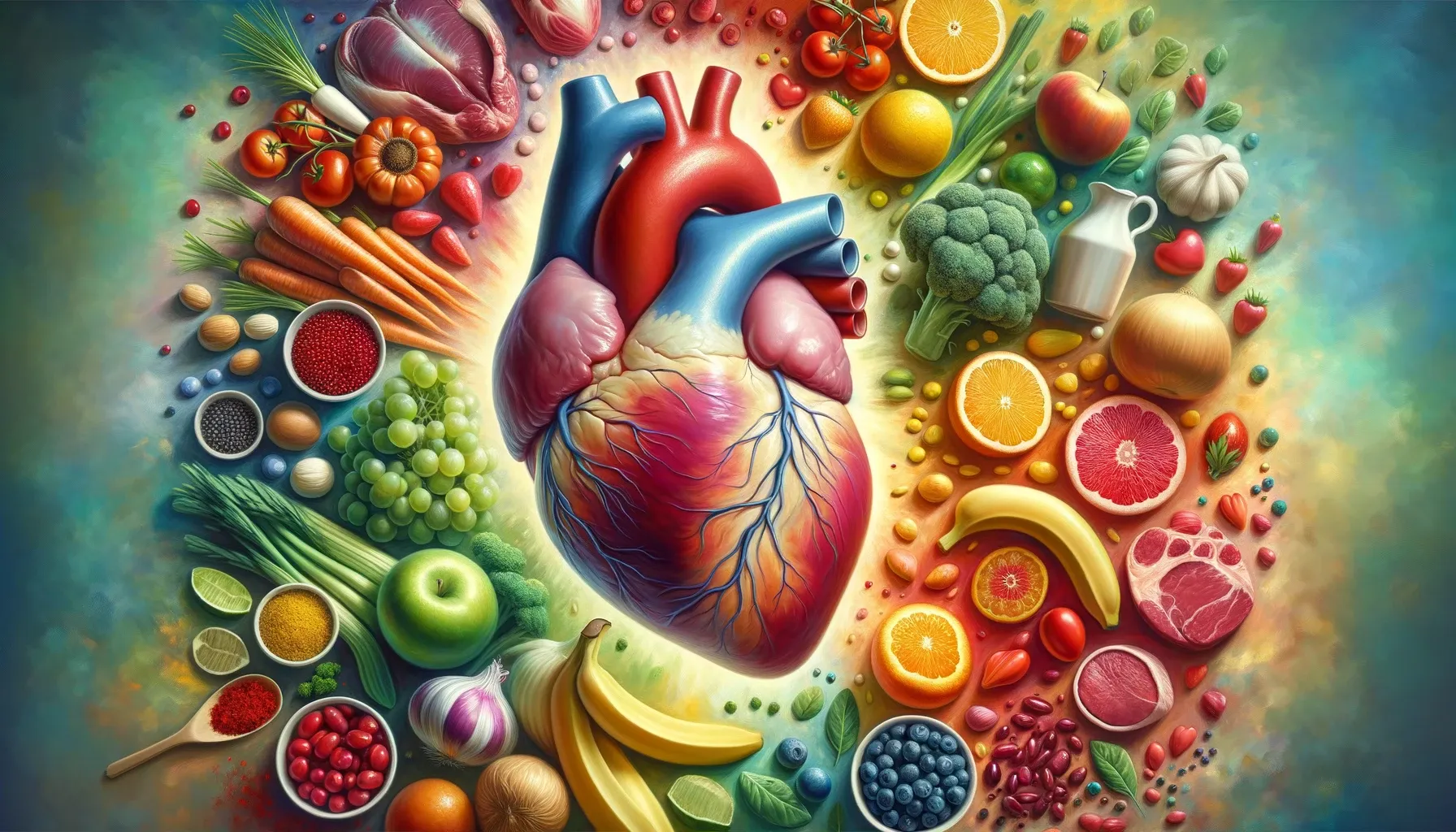 Human heart surrounded by antioxidant-rich foods.