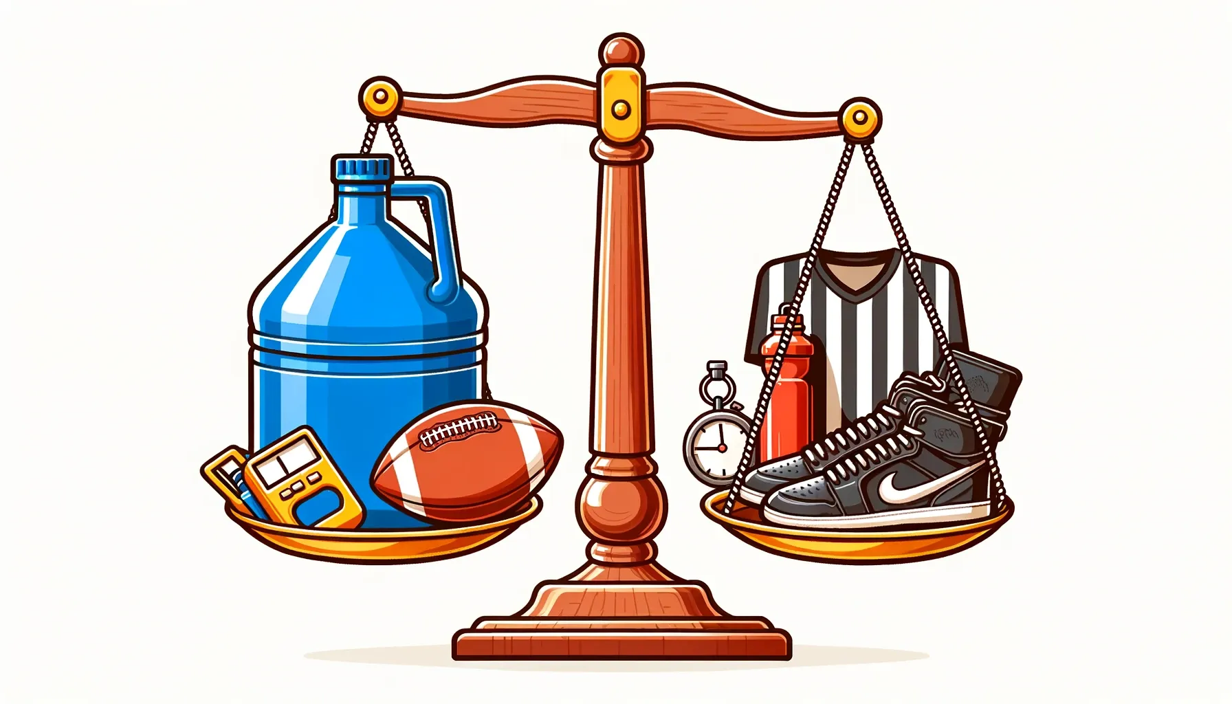 Balance scale with BORG jug and athletic equipment.