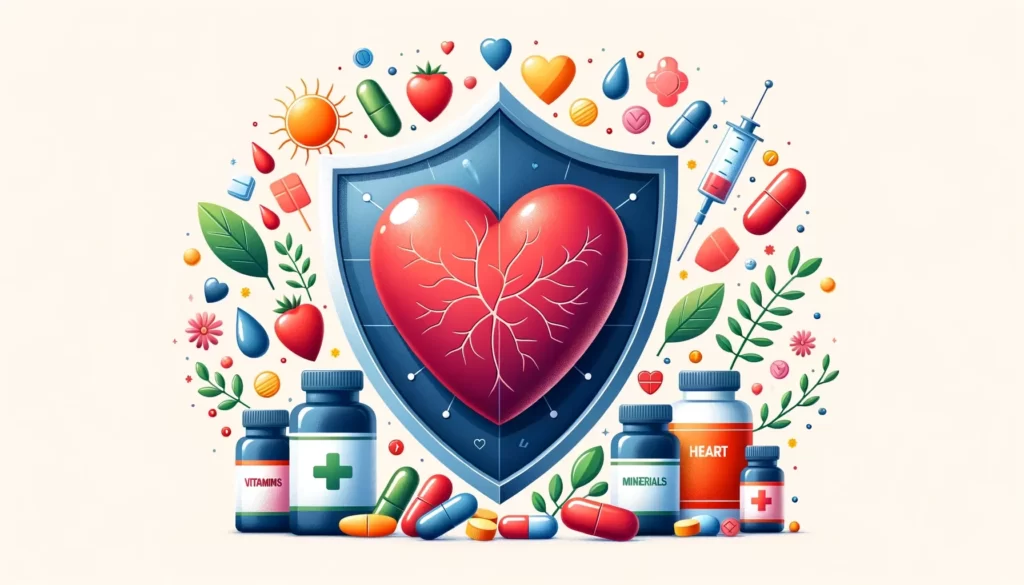 Illustration of a heart protected by supplements and vitamins.