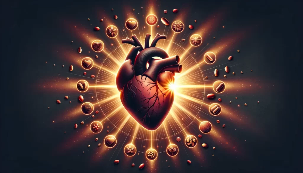 Illustration of a radiant heart surrounded by supplements.