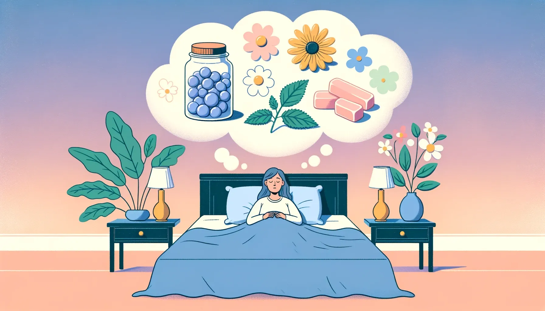 A serene person rests in bed, their thoughts filled with Dream Gummies, chamomile blossoms, and valerian roots, illustrating the gummies' calming effects.