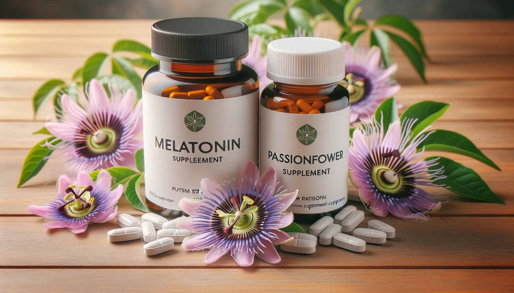 Vibrant-labeled melatonin and passionflower supplement bottles on a wooden table illuminated by bright light, surrounded by colorful passionflower blooms.