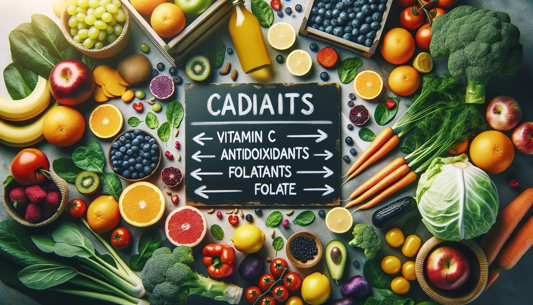 Table spread of colorful foods with nutrient labels.