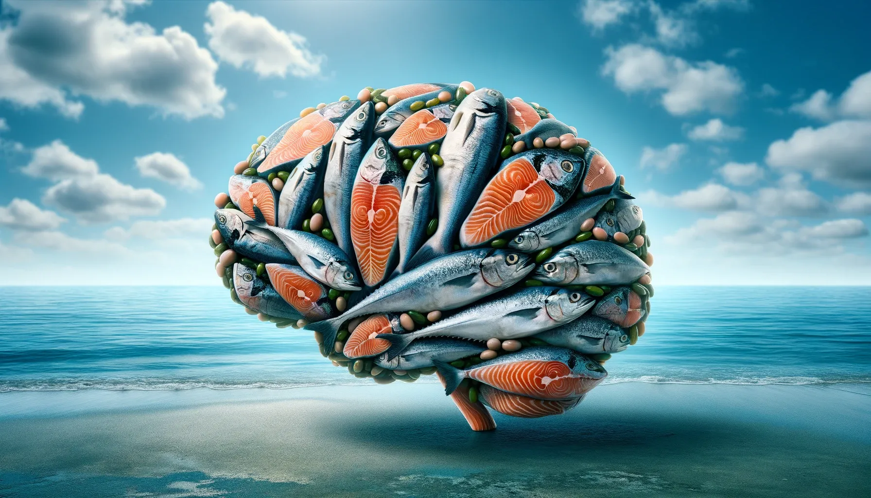 Brain made of omega-3 rich fish with serene ocean background.