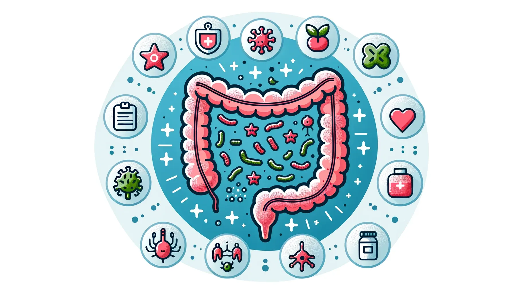 Illustration of a digestive tract with beneficial bacteria and related icons.
