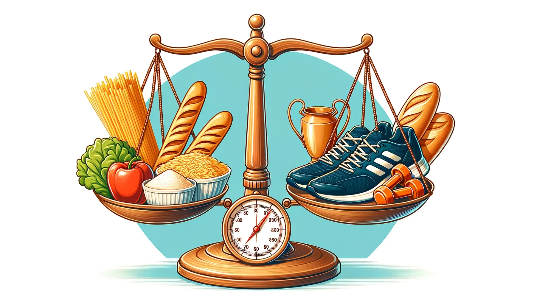 Balanced scale with carbohydrate foods and athletic symbols.