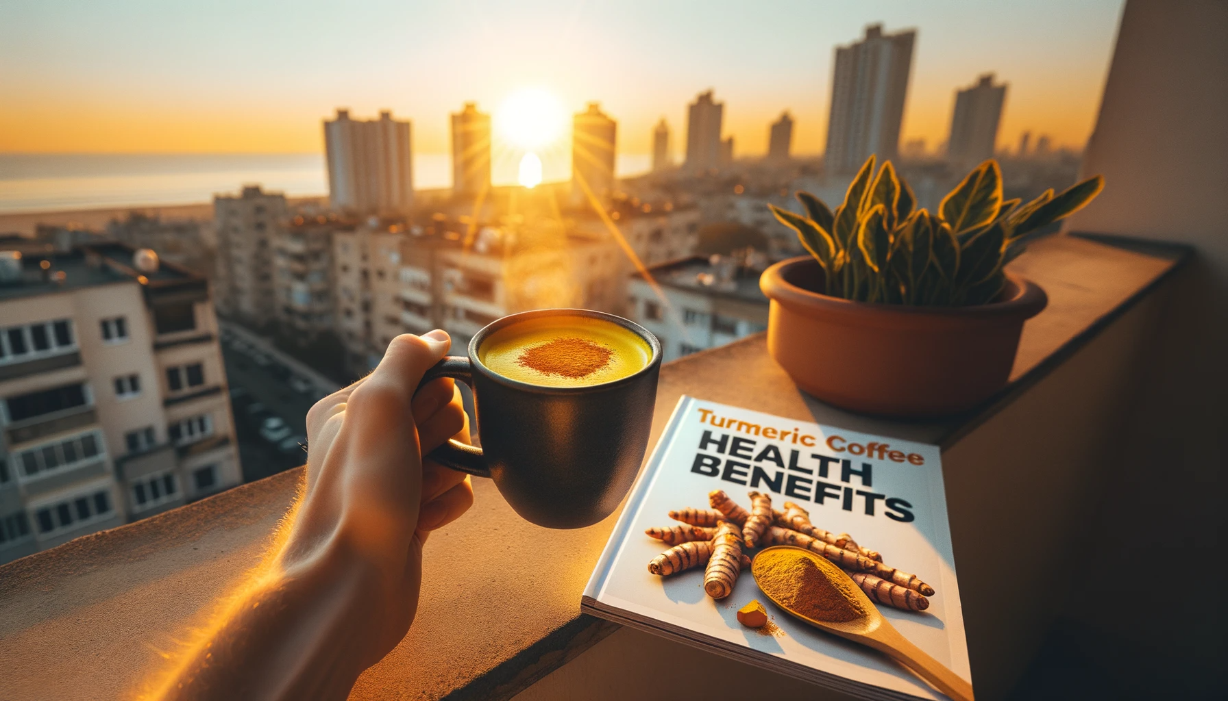 On a balcony, as the sun rises, an individual enjoys their turmeric coffee. A magazine titled 'HEALTH Benefits' rests beside them, emphasizing the drink's health advantages and the promise of a wholesome day ahead.