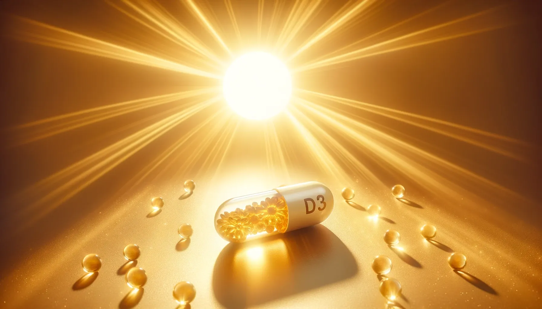 Sunlight shining on vitamin D3 capsule.