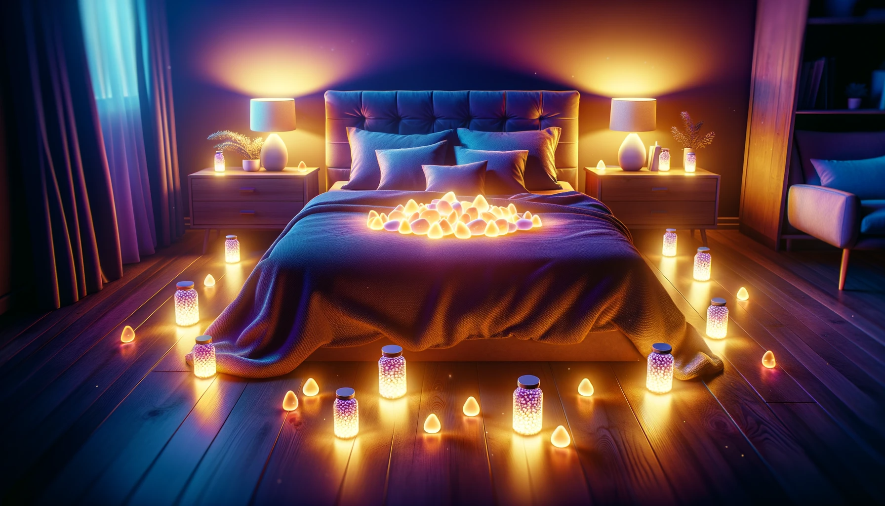 A brilliantly lit bedroom at night with glowing sleep gummies surrounding the bed.