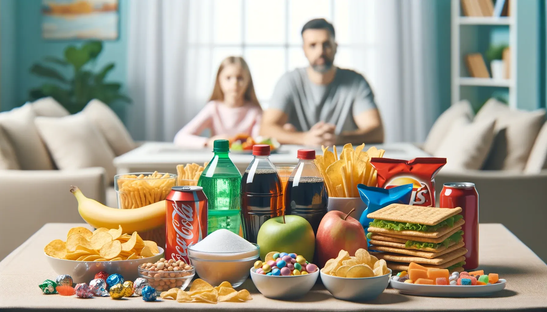 Table filled with foods high in sugar and salt with a family dining in the background.