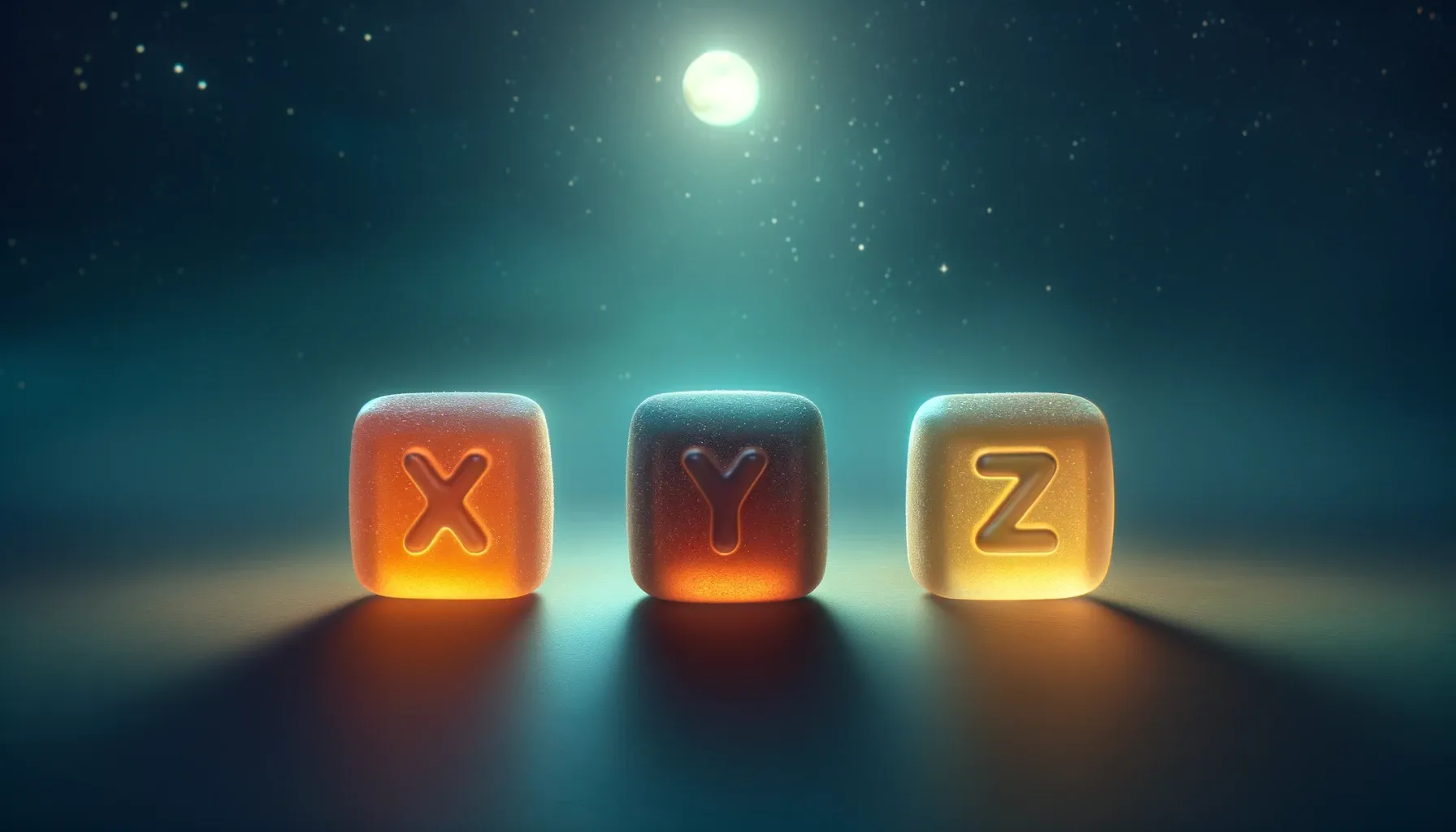 Distinct sleep gummies labeled 'Gummy X', 'Gummy Y', and 'Gummy Z' on a nighttime backdrop.