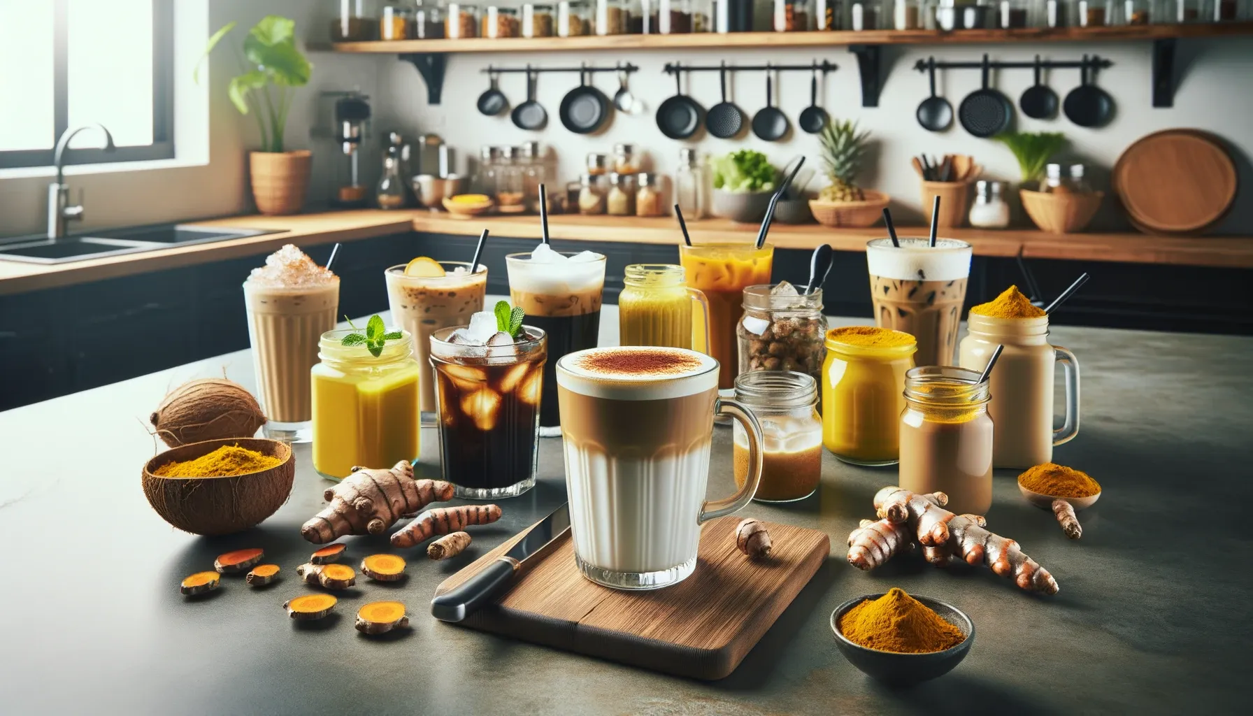 Modern kitchen counter showcasing various preparations of turmeric coffee.