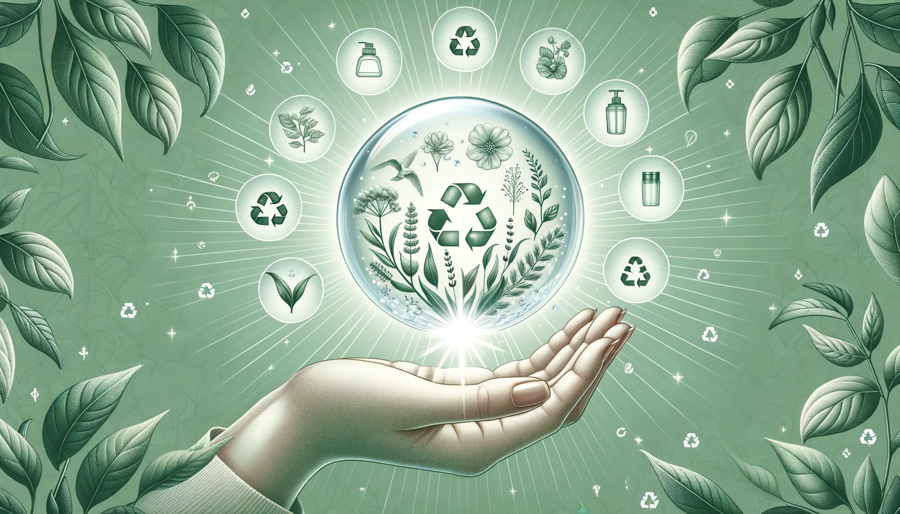 Artistic illustration of a hand holding a glowing orb with natural and organic beauty product symbols, surrounded by botanical elements on a green eco-conscious background.