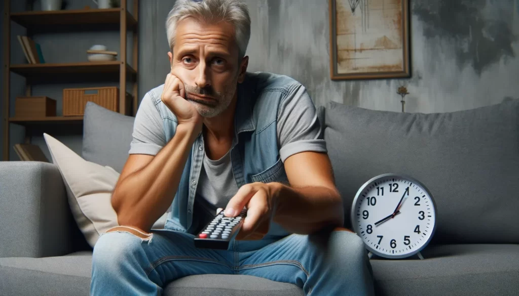 Middle-aged man on couch with remote, showing sedentary effects.