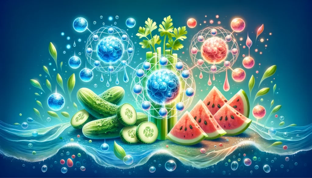 An illustrative depiction of the immune system's interaction with hydrating foods; abstract immune cells, water droplets, and glowing orbs of nutrients are artistically integrated with representations of cucumbers, celery, and watermelon in a fluid blue environment.