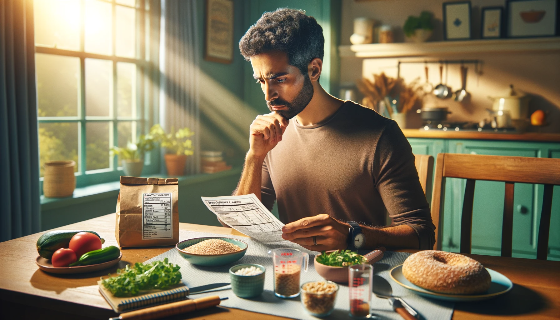A Middle-Eastern individual with diabetes seated at a dining table, examining a nutritional label, with a balanced meal and carb counts notebook on the table in a sunlit kitchen setting.