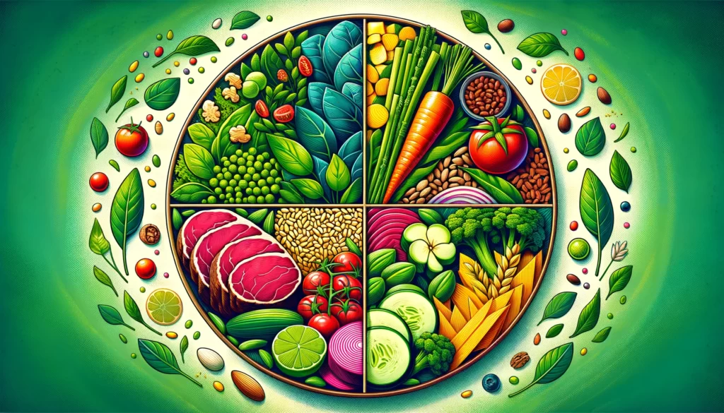 Illustrative divided plate showing the Flexitarian diet's harmony of plant-based foods with a portion of meat.