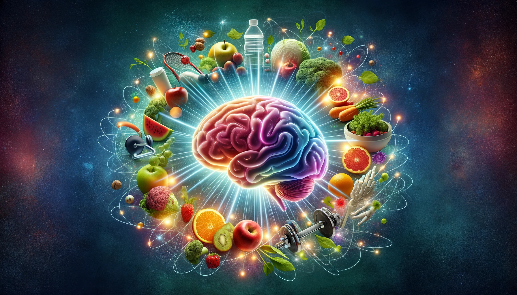 Healthy brain surrounded by fruits, vegetables, and fitness equipment, representing brain health on Healthy Life - New Start.