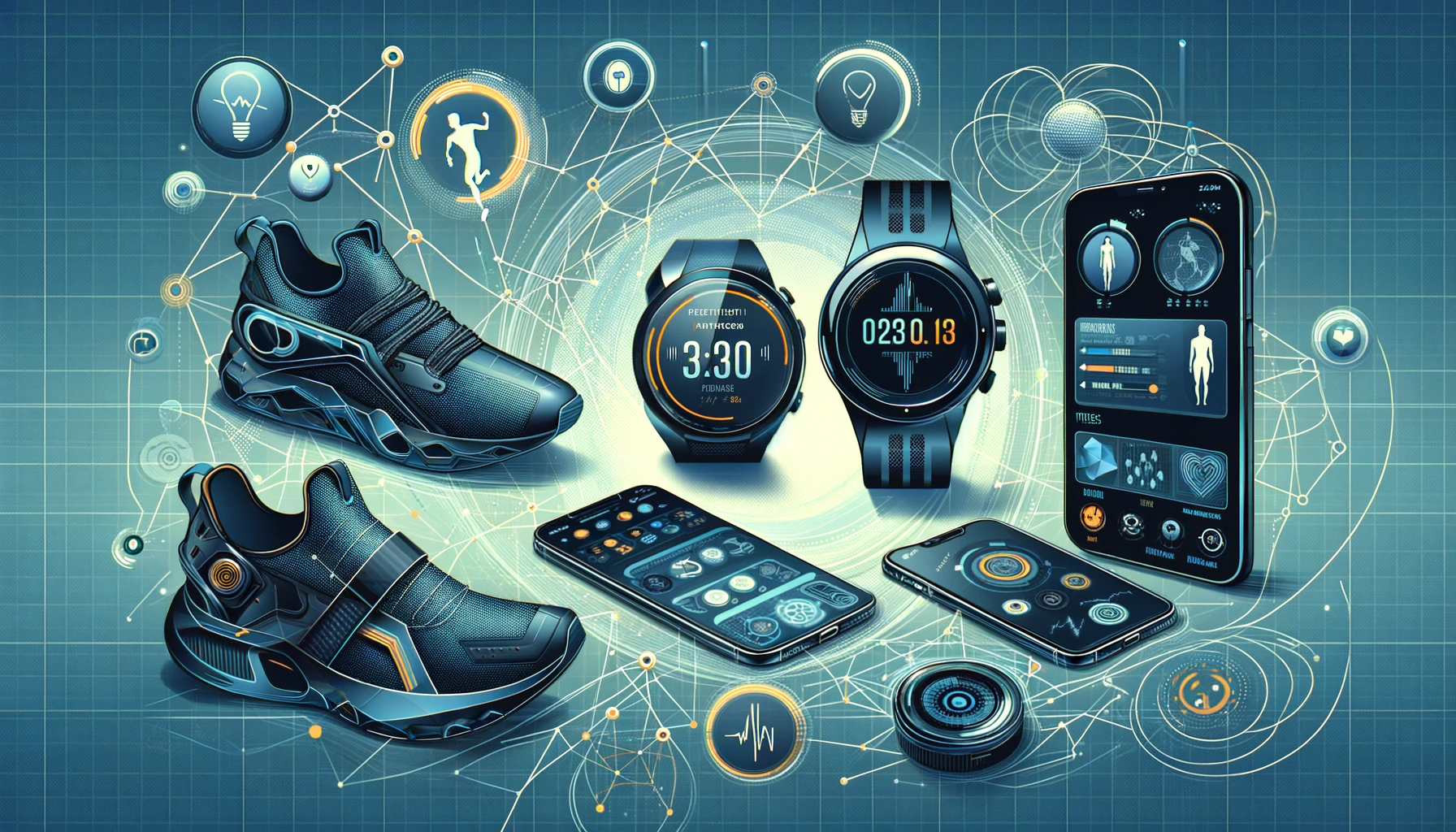 Digital illustration of advanced wearable technology such as smart shoes, smartwatches, and mobile devices, showcasing features for health and fitness monitoring.