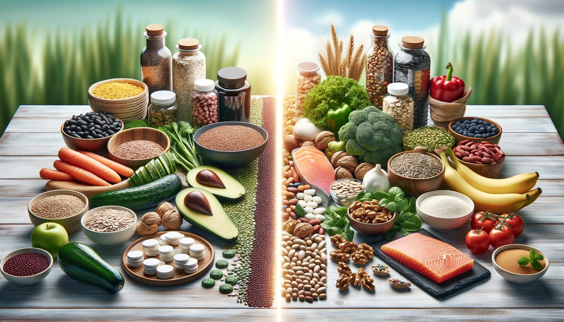An array of complex carbohydrates and healthy fats divided by nutritional supplements on a bright kitchen counter, symbolizing a balanced diet.