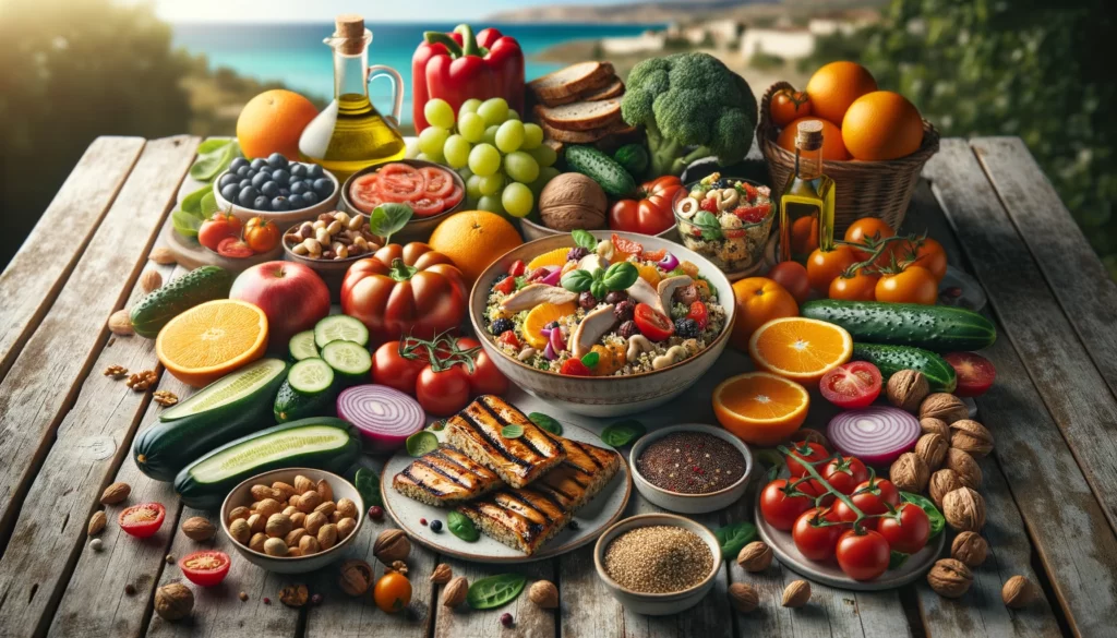 A photo of a Mediterranean diet meal with fruits, vegetables, grains, and lean proteins on a wooden table by the sea, and an illustration of the diet's food pyramid against a Mediterranean landscape.