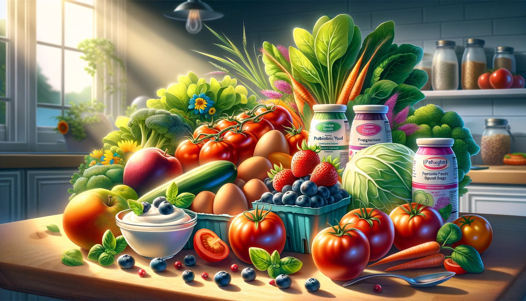 Assorted colorful fruits and vegetables, including tomatoes and berries, alongside functional foods such as probiotic yogurt and omega-3 enriched eggs, each labeled with health benefits, in a bright kitchen setting.