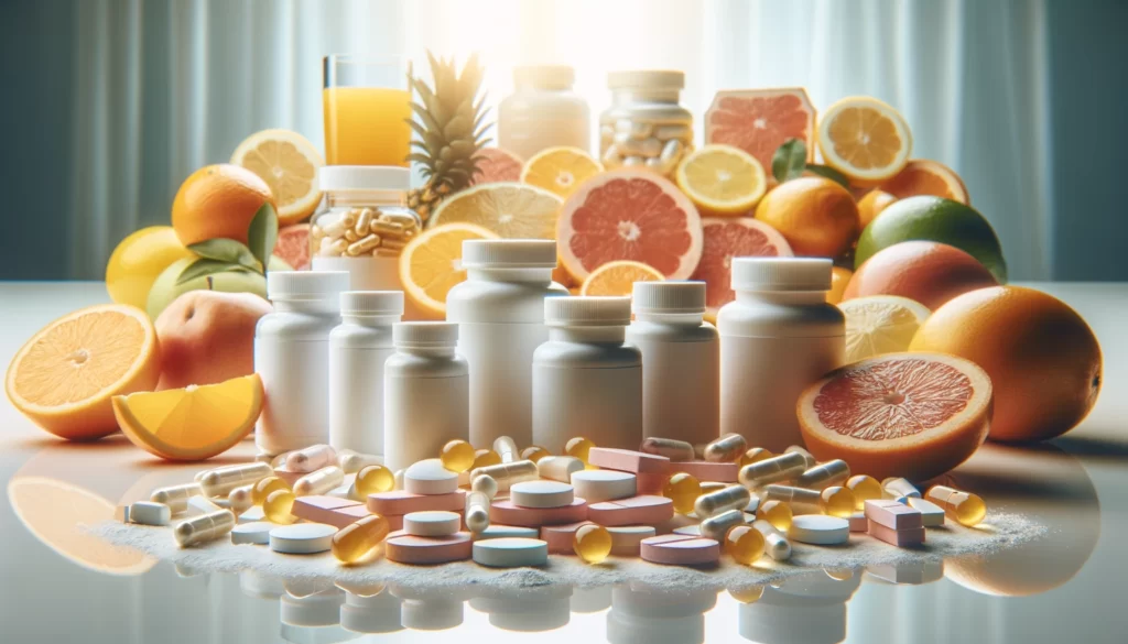 A vibrant photo featuring an assortment of vitamin C supplements, with a backdrop of citrus fruits, and an illustration of an immune cell empowered by vitamin C capsules, against a background of blurred pathogens.