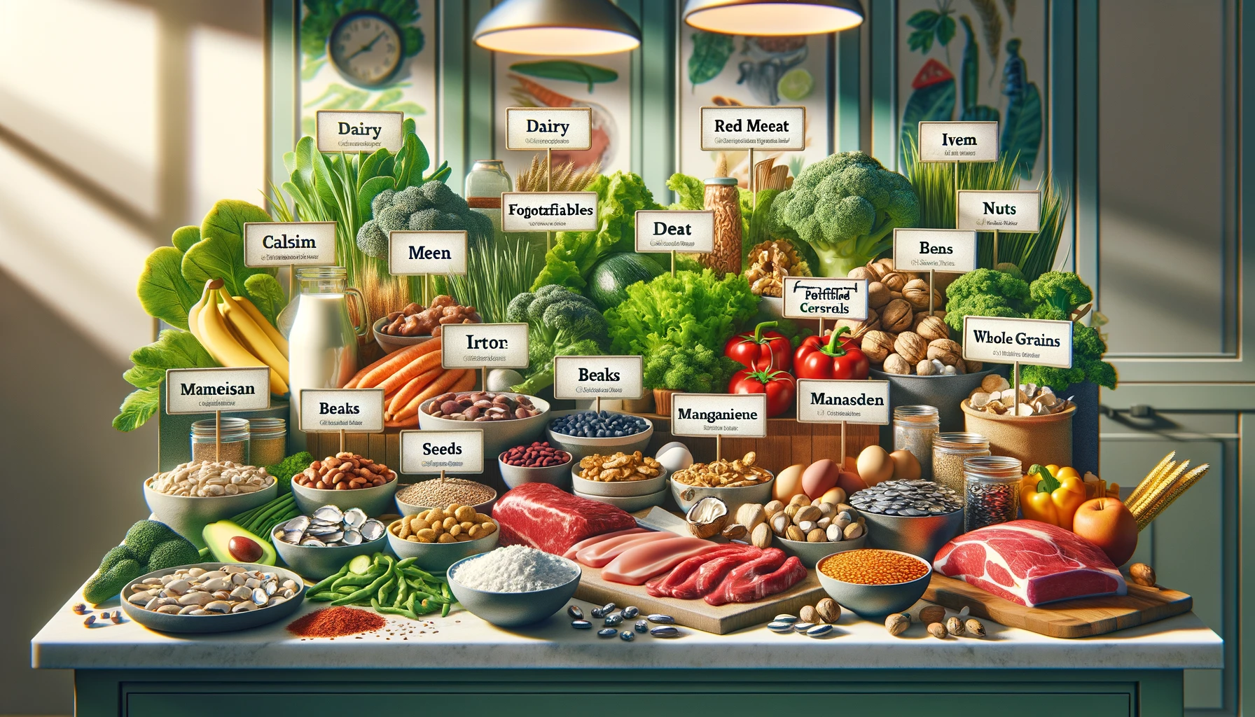 An educational illustration showcasing a variety of nutrient-rich foods, each tagged with its corresponding mineral—calcium in dairy and greens, iron in meats and beans, magnesium in nuts and seeds, manganese in legumes and vegetables, and zinc in oysters and beef—set against a vibrant kitchen background.