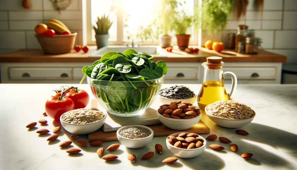 A variety of Vitamin E-rich foods like spinach, sunflower seeds, almonds, and tomatoes arranged on a marble countertop with sunlight accentuating their freshness.