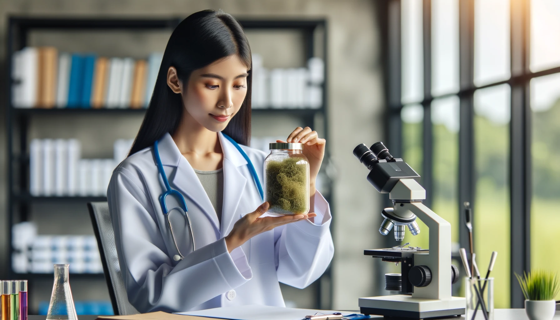 Healthcare professional analyzing Irish Moss in a lab setting, surrounded by scientific equipment and journals.